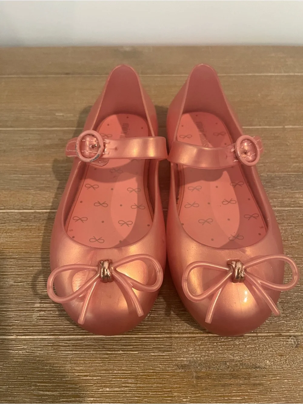 Mini Melissa Metallic Coral Pink Mary Jane Flats with Bow